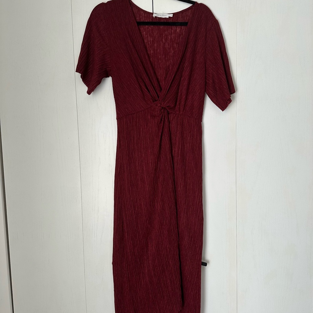 All in Favor Red Wrap Tie Front Midi Dress